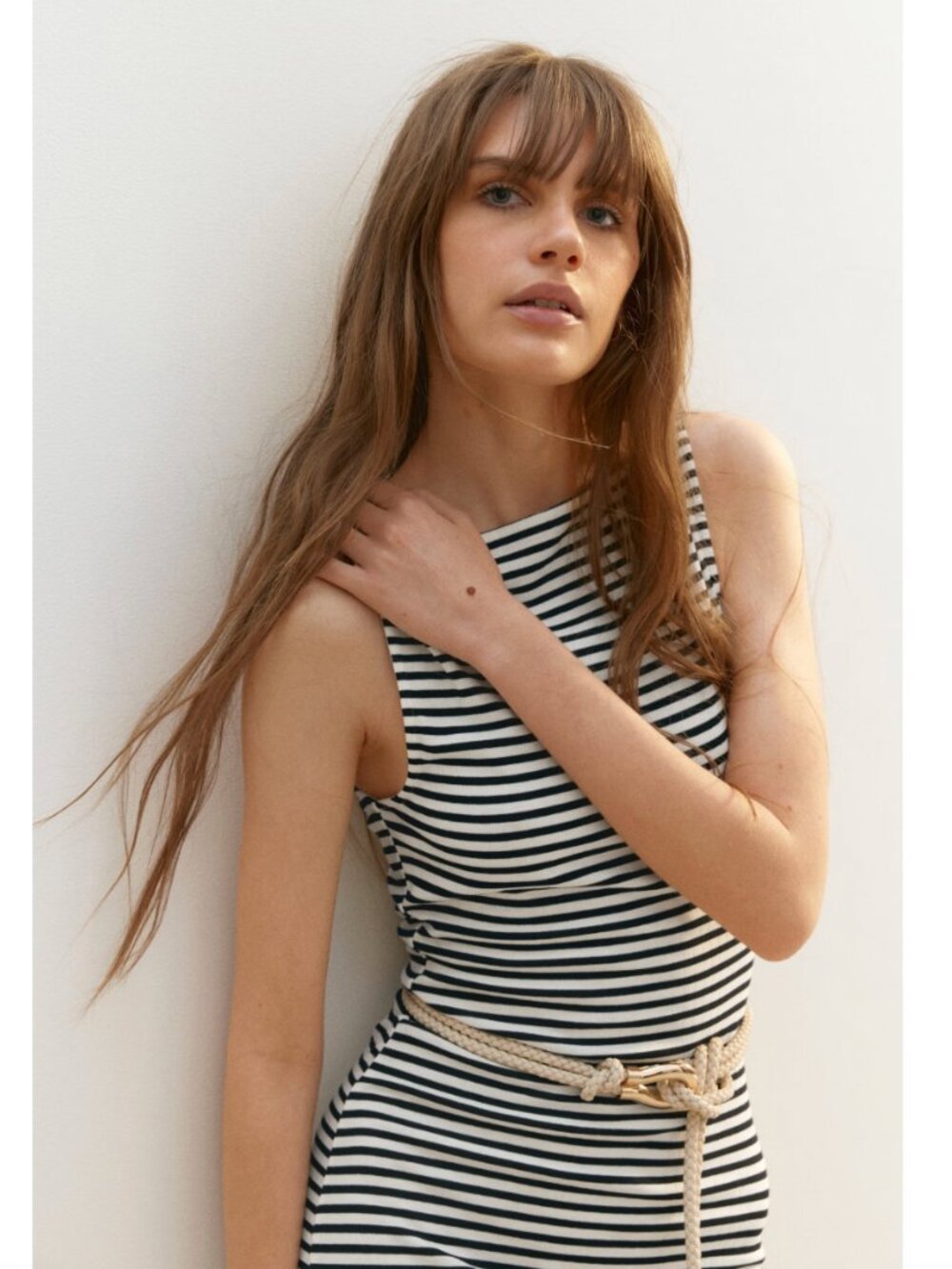H&M Women's Ribbed Jersey Midi Dress M Bodycon Black White Stripe Boat Neck NWT - Picture 3 of 8